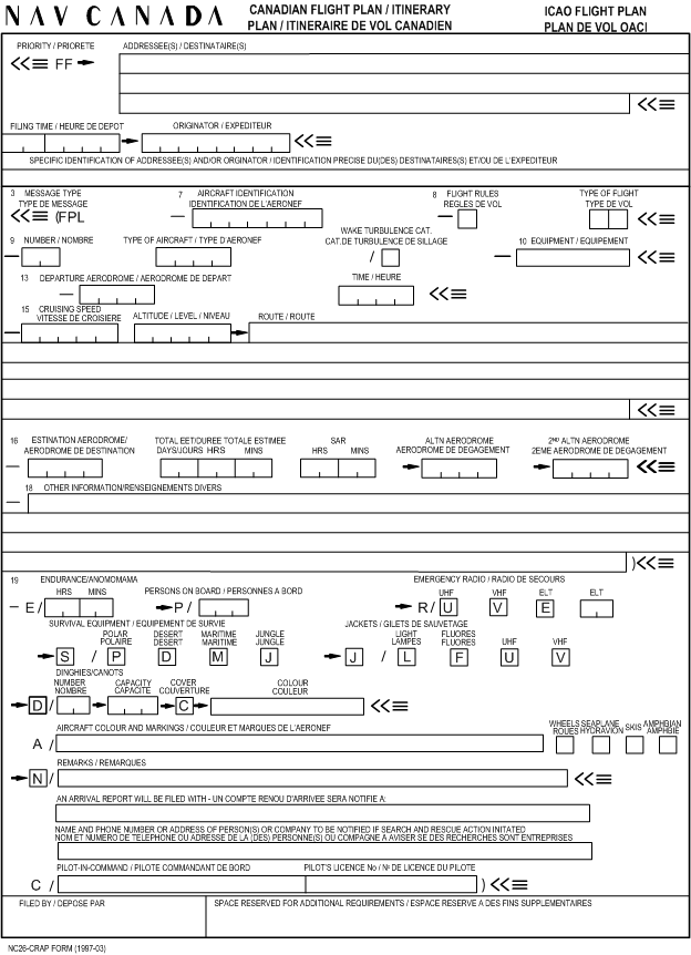 Flight Plan Form, Langley Flying School.